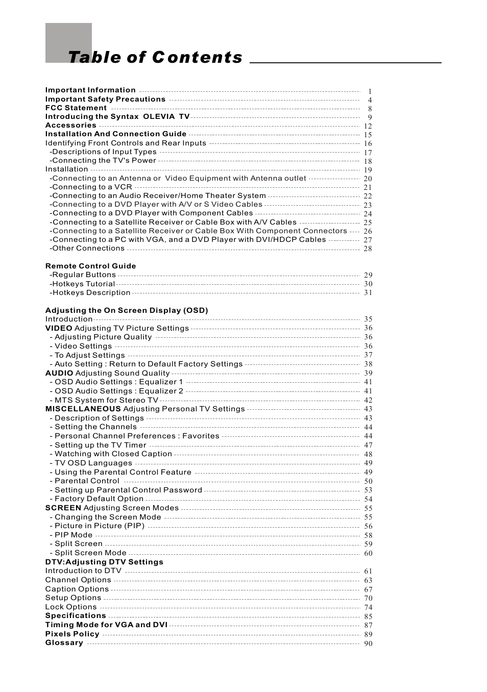 Table of c ontents | Olevia LT42HVi User Manual | Page 2 / 97