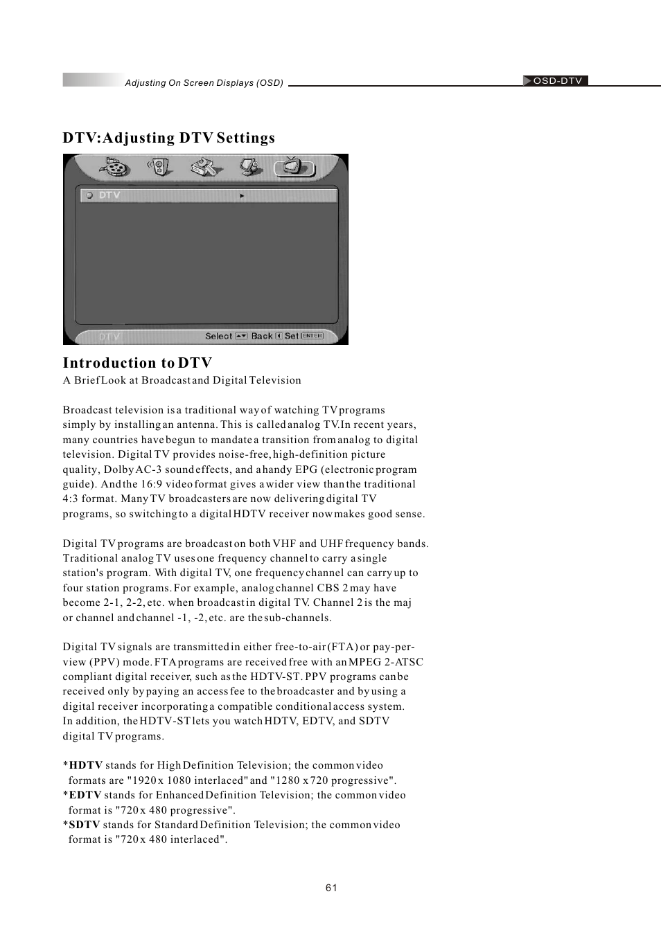 Dtv:adjusting dtv settings introduction to dtv | Olevia LT42HVi User Manual | Page 63 / 97