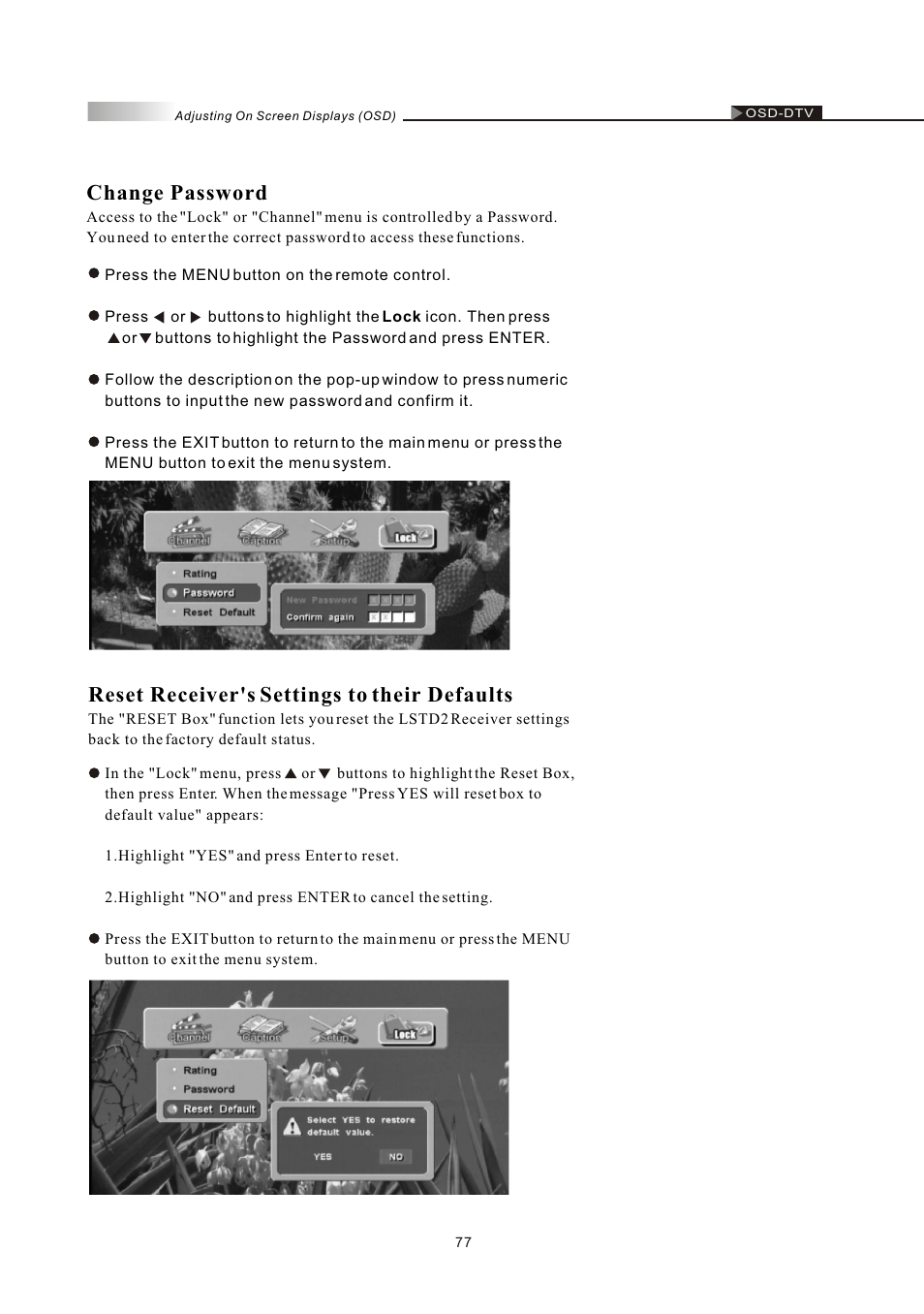 Change password, Reset receiver's settings to their defaults | Olevia LT42HVi User Manual | Page 79 / 97