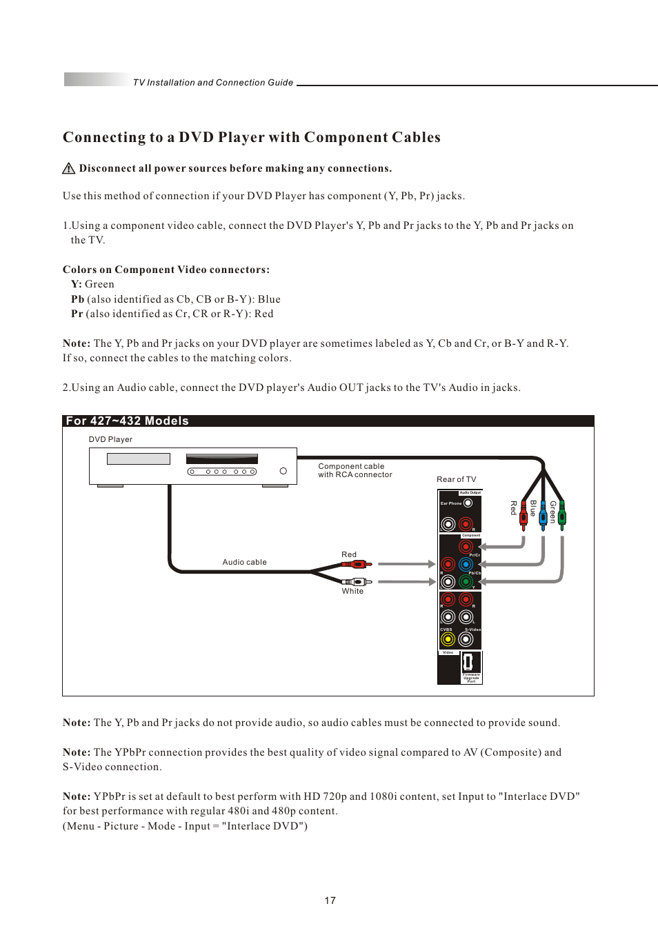 Connecting to a dvd player with component cables | Olevia 4-Series User Manual | Page 19 / 63