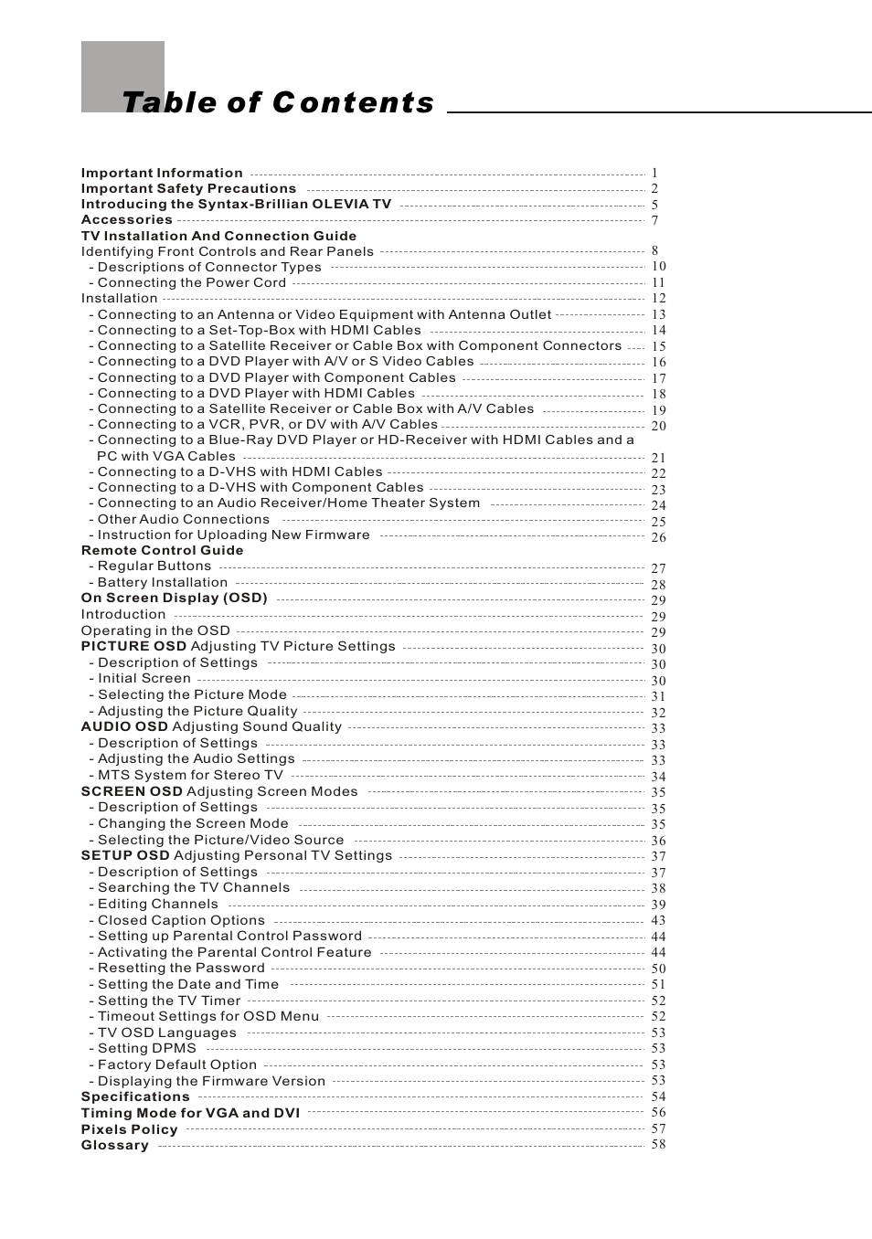 Table of c ontents | Olevia 4-Series User Manual | Page 2 / 63