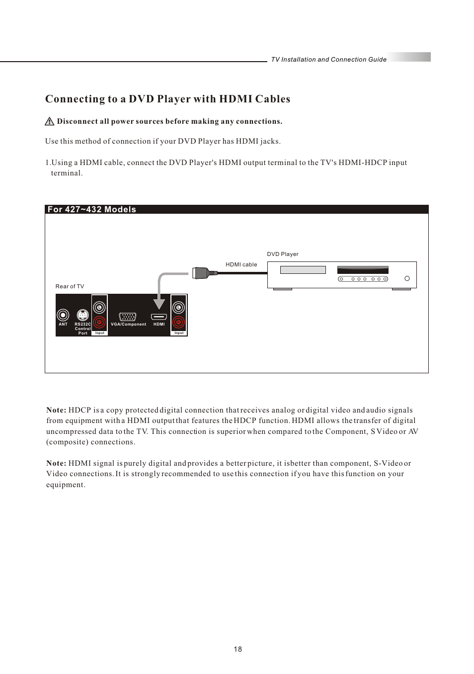 Connecting to a dvd player with hdmi cables | Olevia 4-Series User Manual | Page 20 / 63