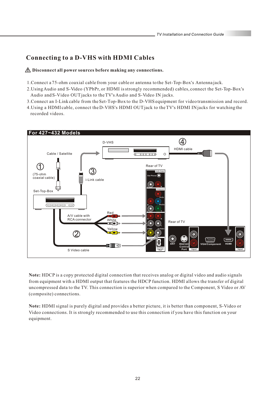 Connecting to a d-vhs with hdmi cables | Olevia 4-Series User Manual | Page 24 / 63