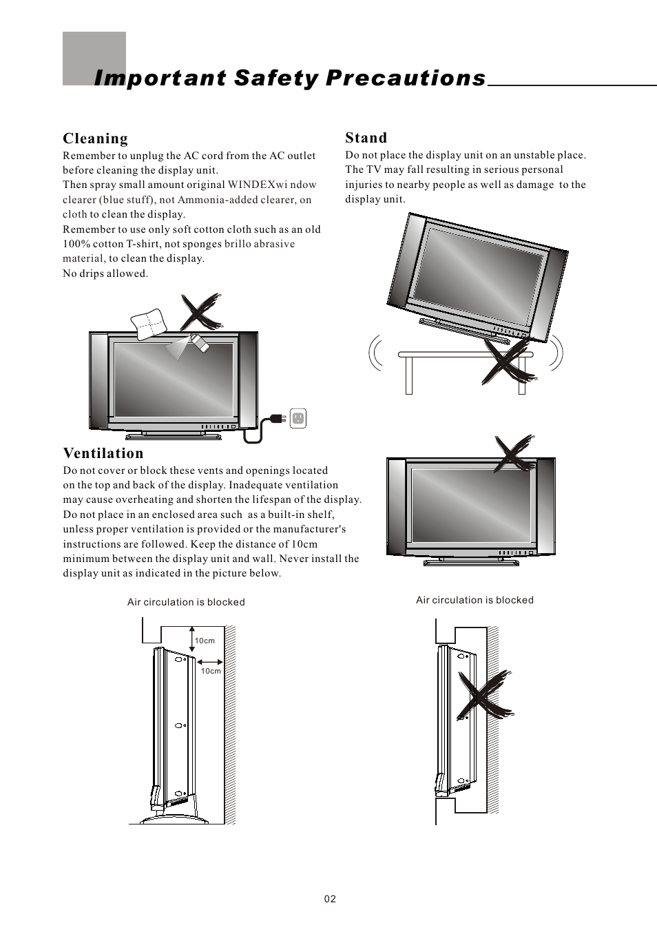 Import ant safety precautions, Cleaning, Stand | Ventilation | Olevia 4-Series User Manual | Page 4 / 63