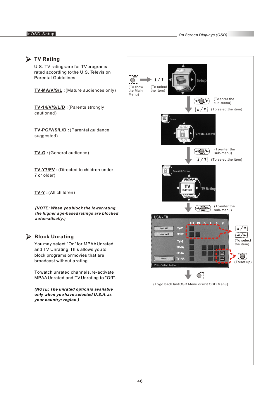 Tv rating, Block unrating | Olevia 4-Series User Manual | Page 48 / 63