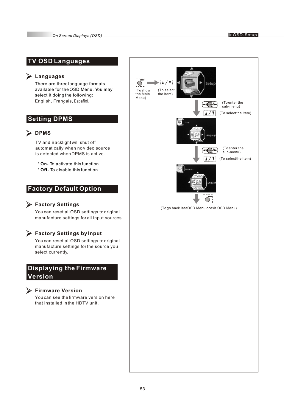 Tv osd languages, Setting dpms, Factory default option | Displaying the firmware version | Olevia 4-Series User Manual | Page 55 / 63