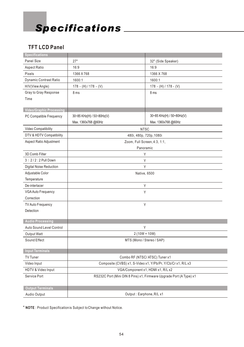 Specifications, Tft lcd panel | Olevia 4-Series User Manual | Page 56 / 63