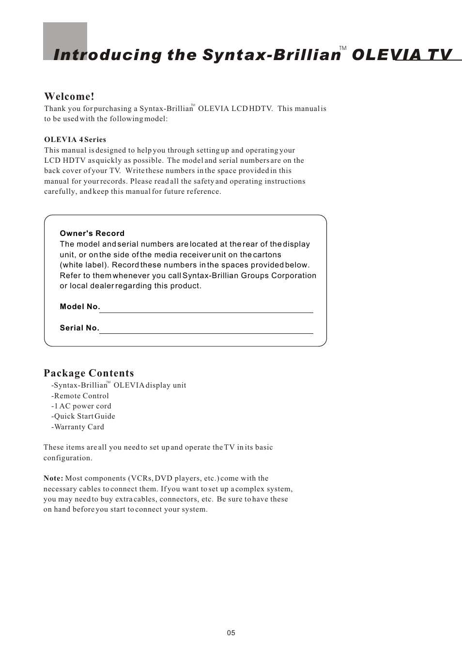 Introducing the syntax-brillian olevia tv, Welcome, Package contents | Olevia 4-Series User Manual | Page 7 / 63