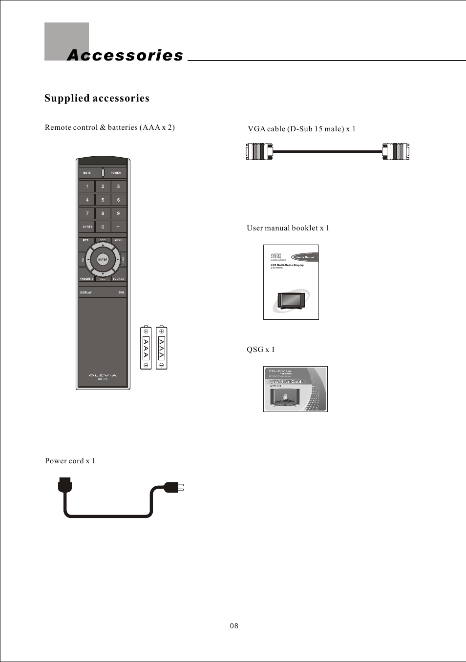 Accessories, Supplied accessories | Olevia LT37HVS User Manual | Page 10 / 87