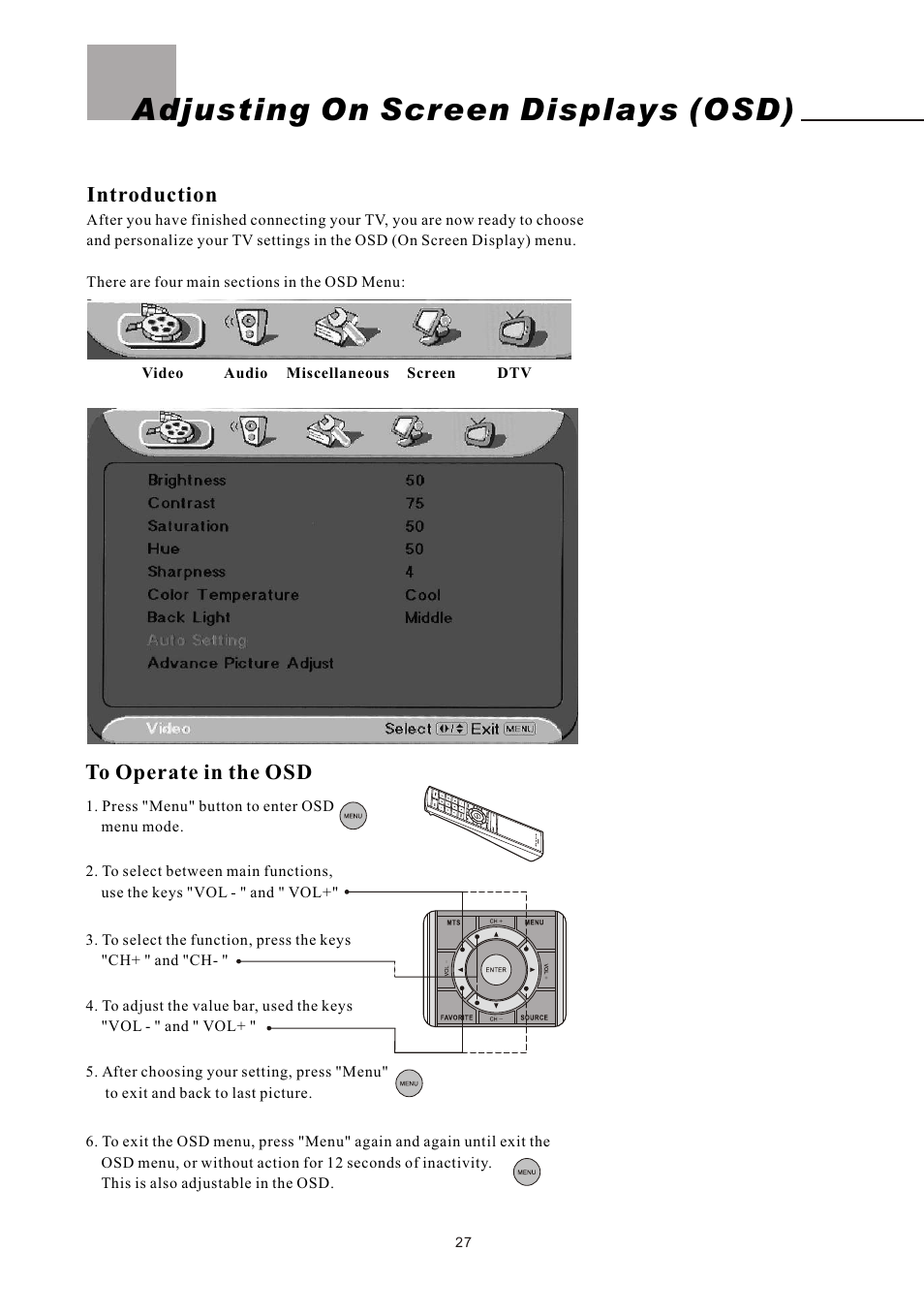 Adjusting on screen displays (osd), Introduction | Olevia LT37HVS User Manual | Page 29 / 87