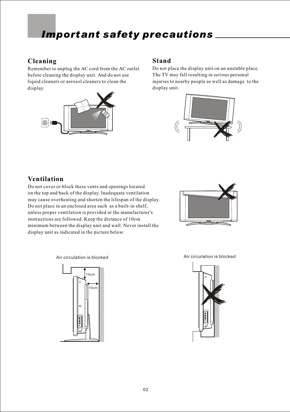 Import ant safety precautions, Cleaning, Stand | Ventilation | Olevia LT37HVS User Manual | Page 4 / 87