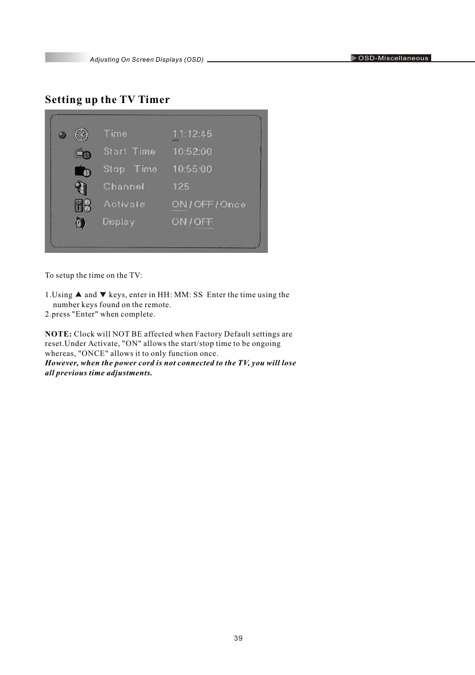 Setting up the tv timer | Olevia LT37HVS User Manual | Page 41 / 87