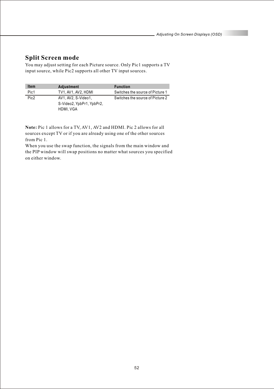 Split screen mode | Olevia LT37HVS User Manual | Page 54 / 87