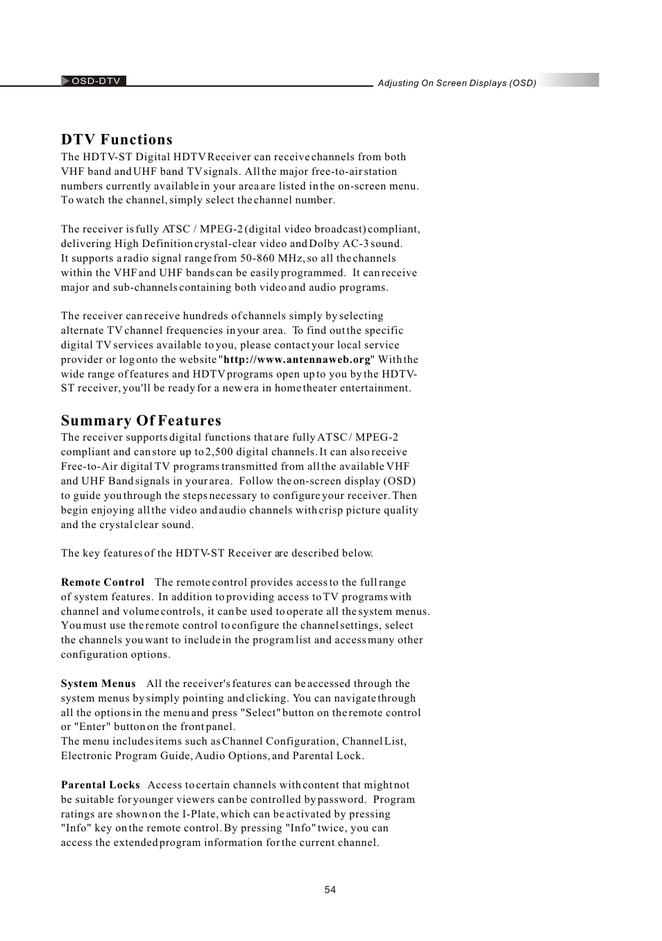 Dtv functions, Summary of features | Olevia LT37HVS User Manual | Page 56 / 87