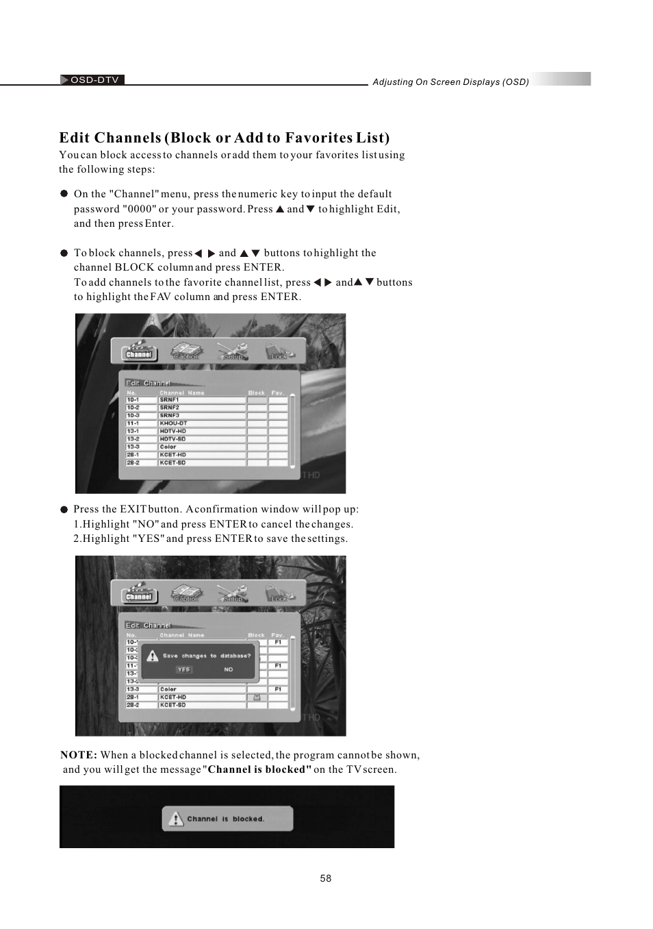 Edit channels (block or add to favorites list) | Olevia LT37HVS User Manual | Page 60 / 87