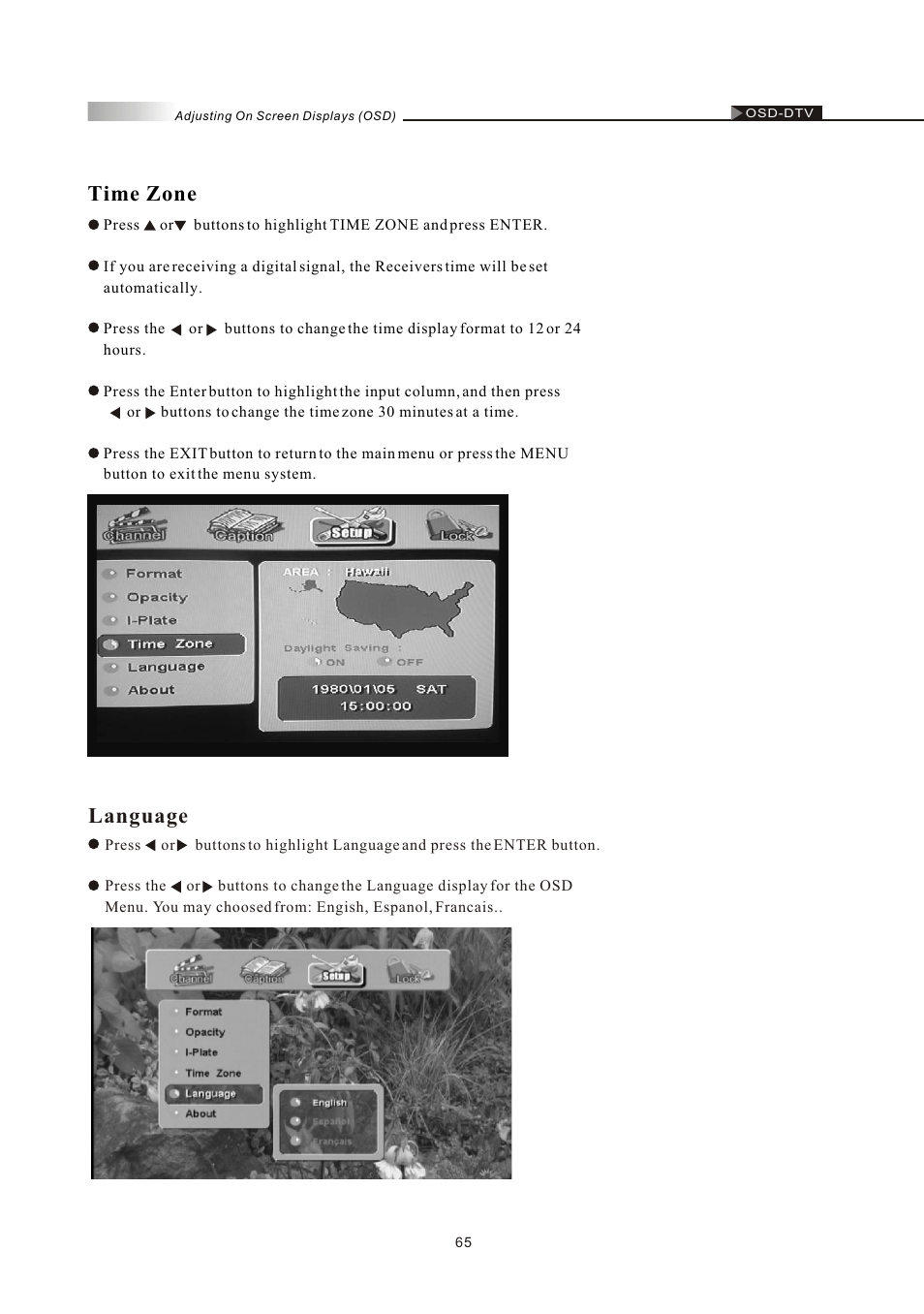 Time zone, Language | Olevia LT37HVS User Manual | Page 67 / 87