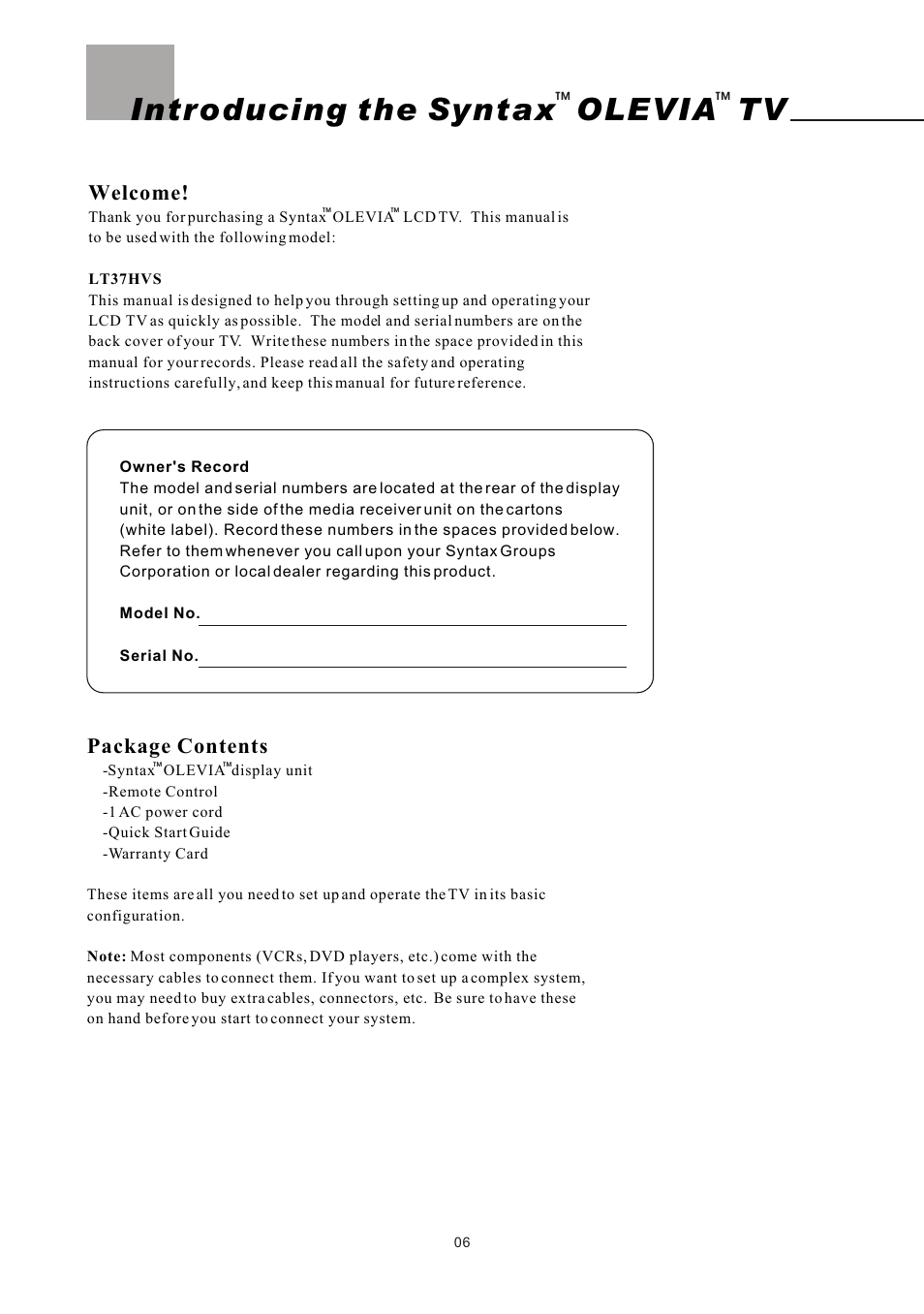 Introducing the syntax olevia tv, Welcome, Package contents | Olevia LT37HVS User Manual | Page 8 / 87