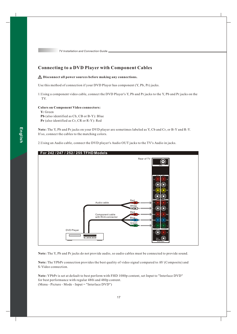 Connecting to a dvd player with component cables, English | Olevia 242T FHD User Manual | Page 20 / 72