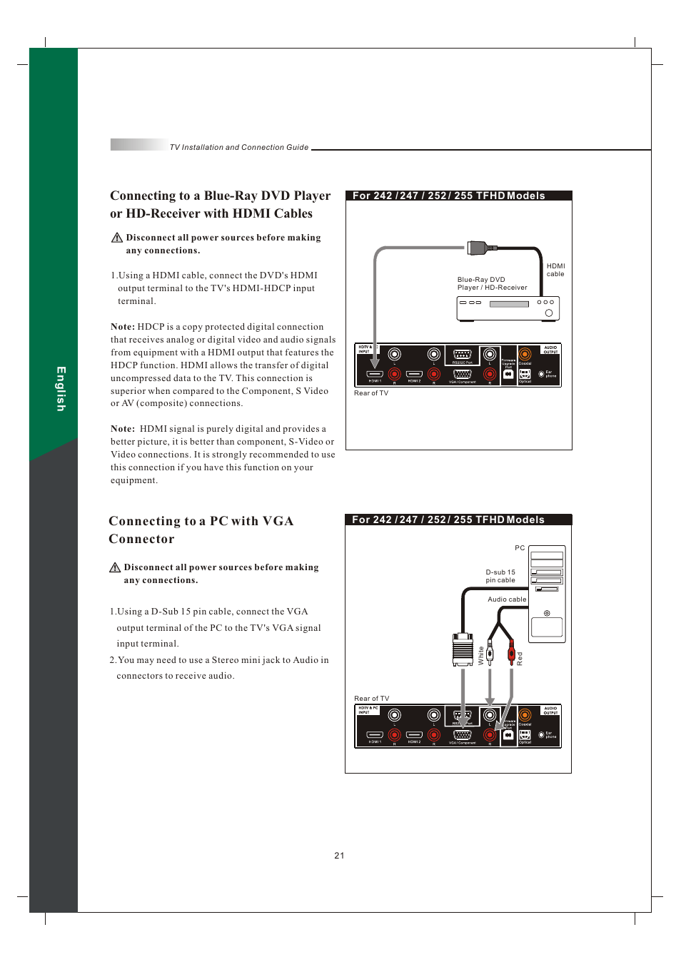 Connecting to a pc with vga connector, English | Olevia 242T FHD User Manual | Page 24 / 72