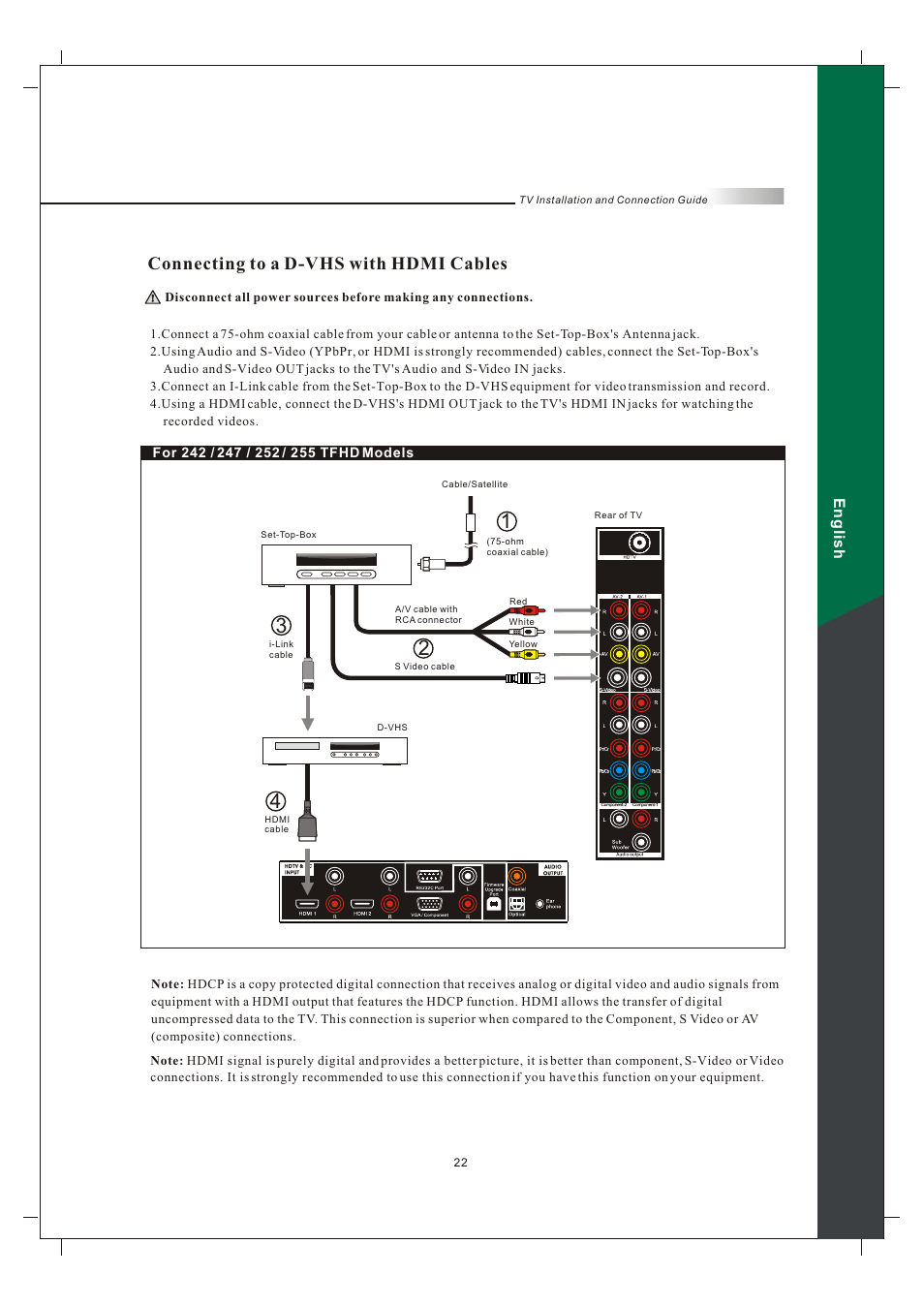 Connecting to a d-vhs with hdmi cables, English | Olevia 242T FHD User Manual | Page 25 / 72