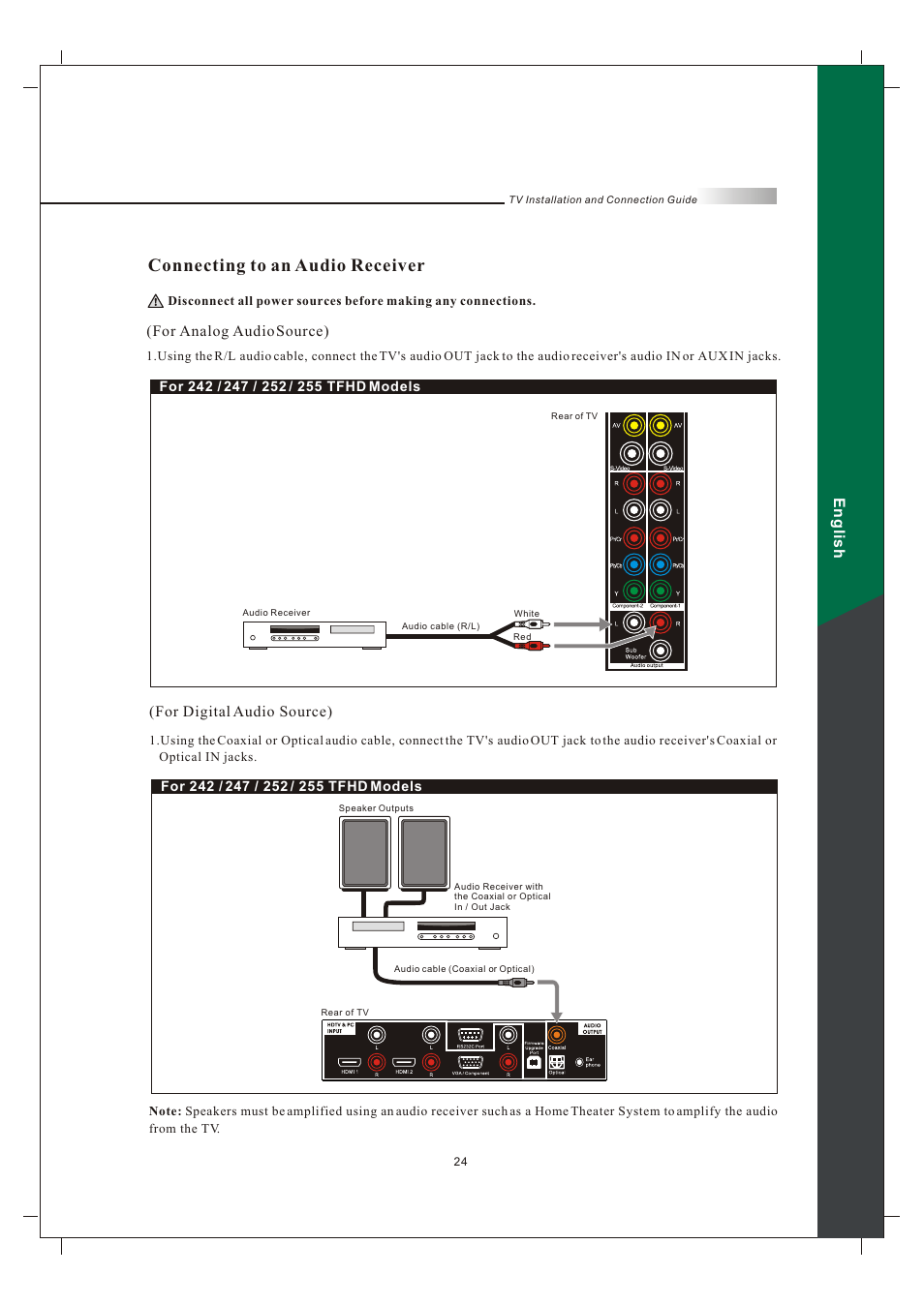 Connecting to an audio receiver, English | Olevia 242T FHD User Manual | Page 27 / 72