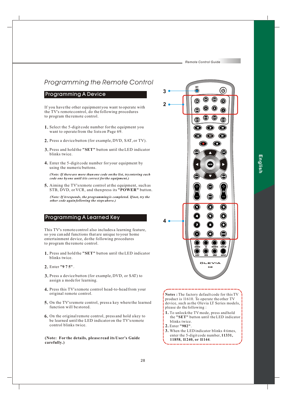 Programming the remote control | Olevia 242T FHD User Manual | Page 31 / 72