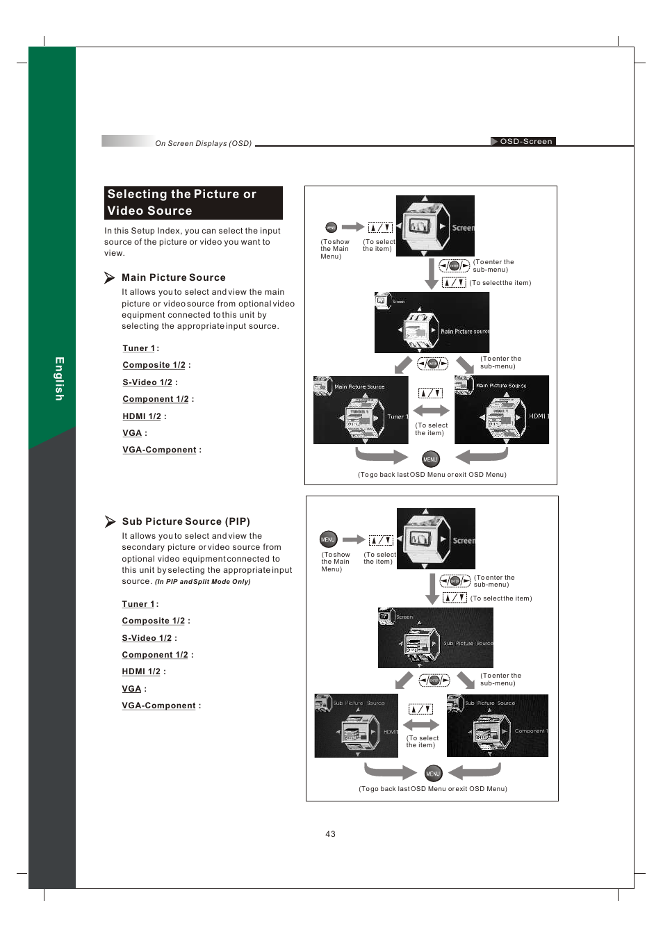 Selecting the picture or video source, English | Olevia 242T FHD User Manual | Page 46 / 72