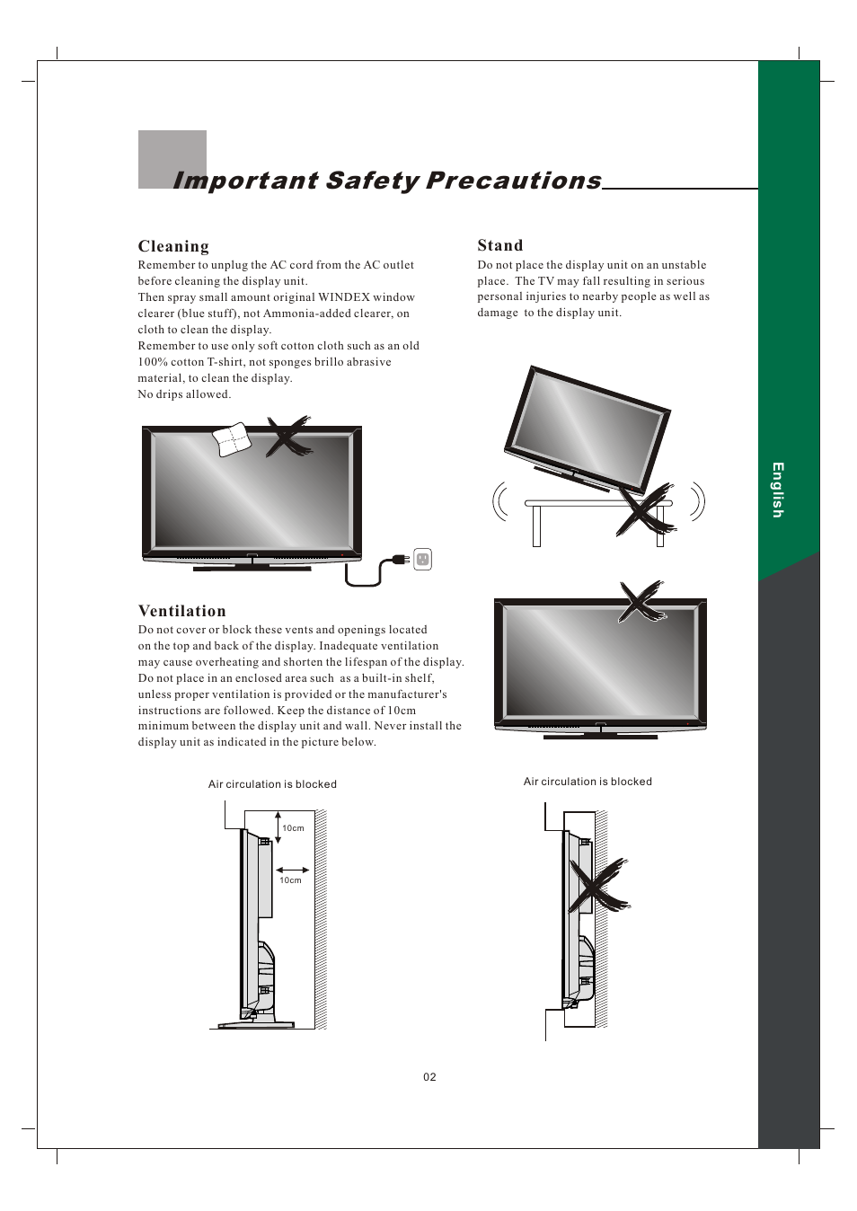 Import ant safety precautions, Cleaning, Stand | Ventilation | Olevia 242T FHD User Manual | Page 5 / 72