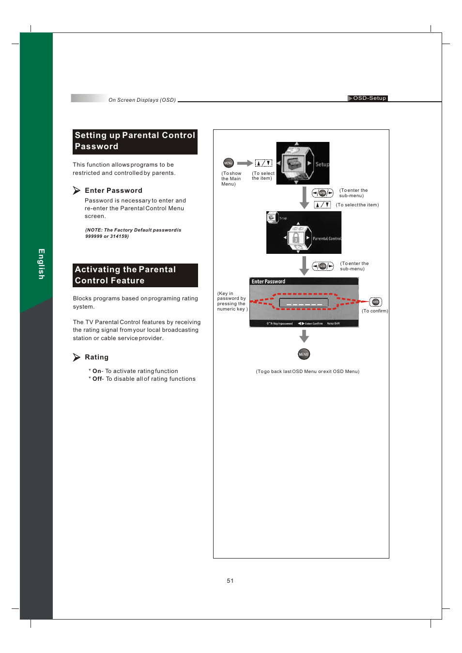 Setting up parental control password, Activating the parental control feature, English | Olevia 242T FHD User Manual | Page 54 / 72