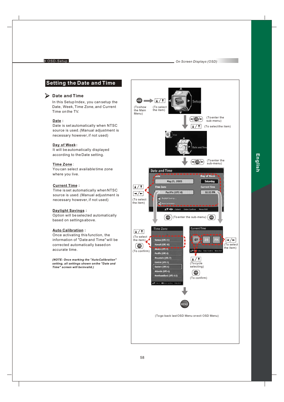 Setting the date and time, English | Olevia 242T FHD User Manual | Page 61 / 72