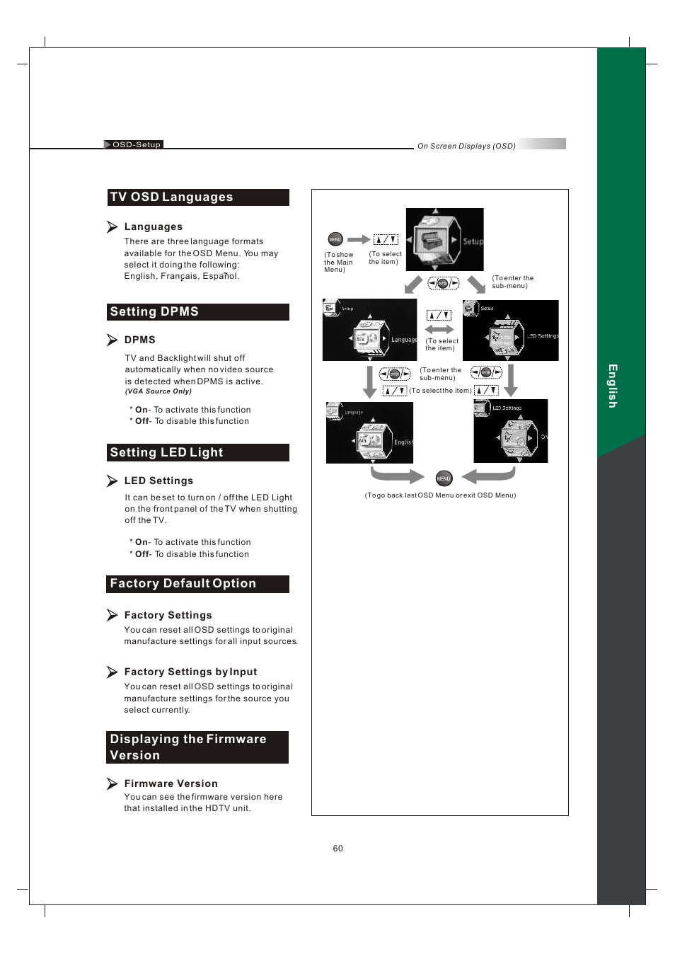 Tv osd languages, Setting dpms, Factory default option | Displaying the firmware version, Setting led light, English | Olevia 242T FHD User Manual | Page 63 / 72