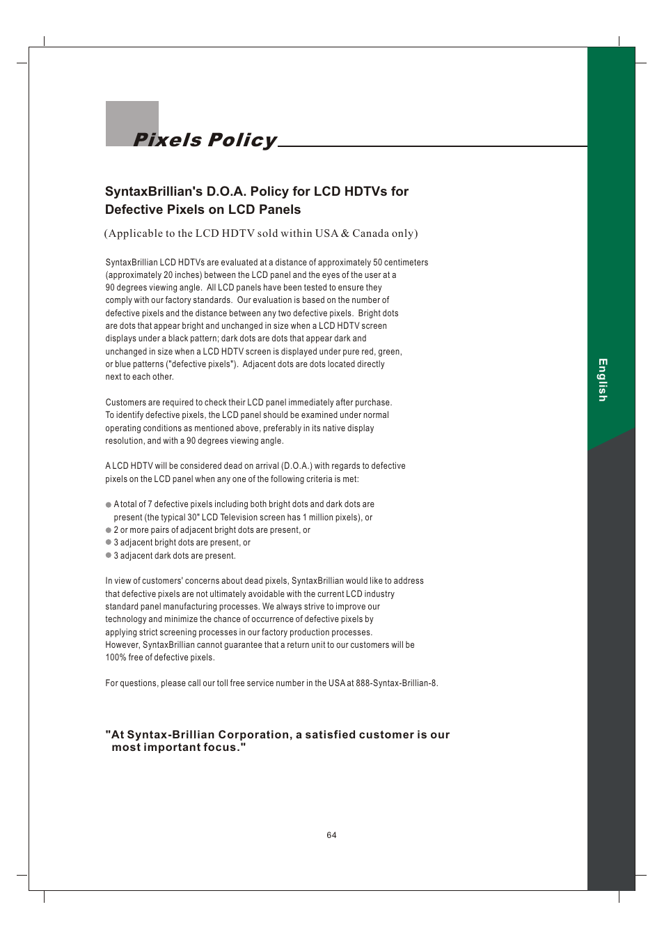 Pixels policy | Olevia 242T FHD User Manual | Page 67 / 72