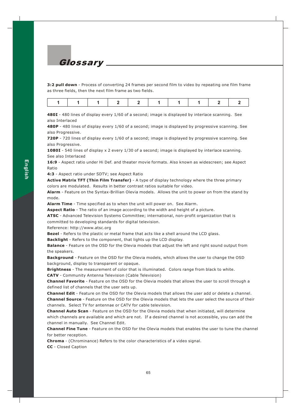 Glossary | Olevia 242T FHD User Manual | Page 68 / 72