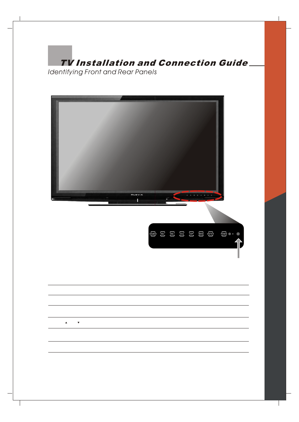 Tv installation and connection guide, Identifying front and rear panels, Front panel | Olevia 265T FHD User Manual | Page 12 / 75