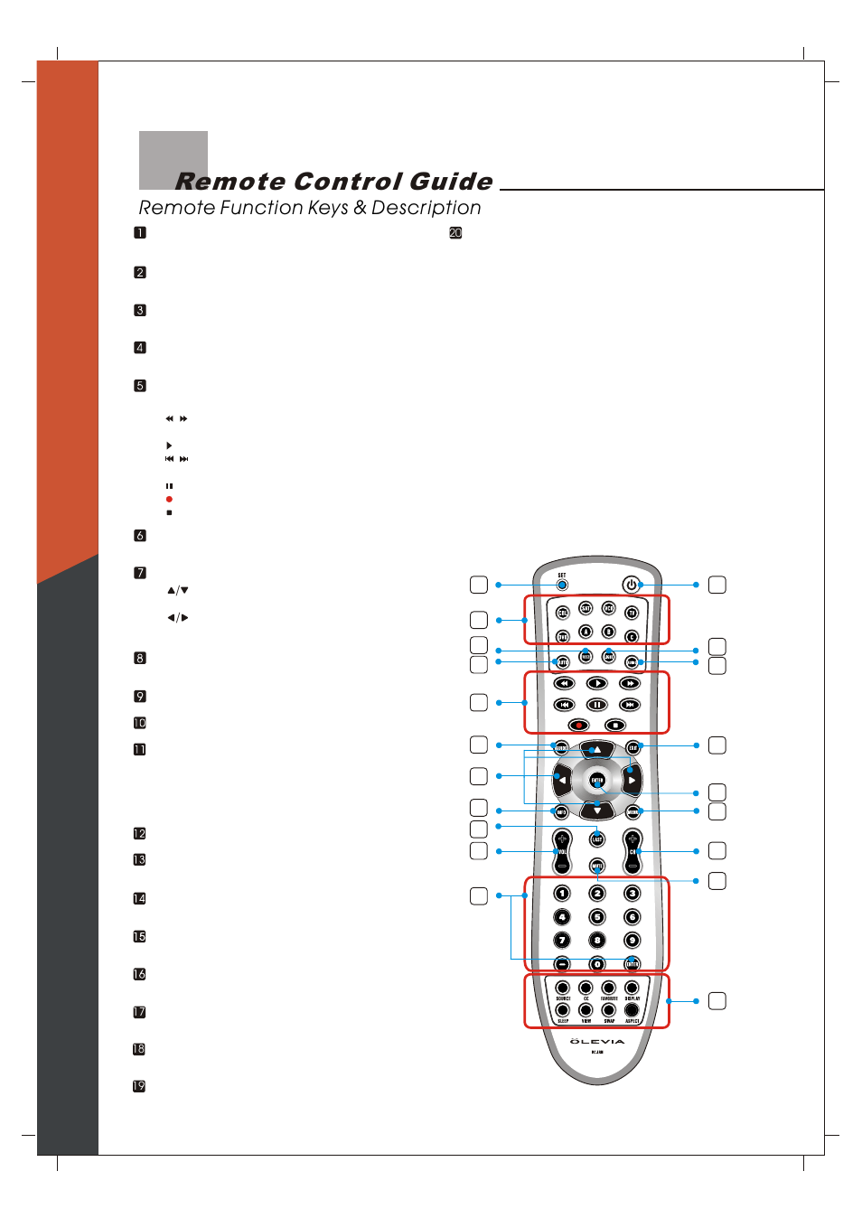 Remote control guide, Remote function keys & description | Olevia 265T FHD User Manual | Page 31 / 75