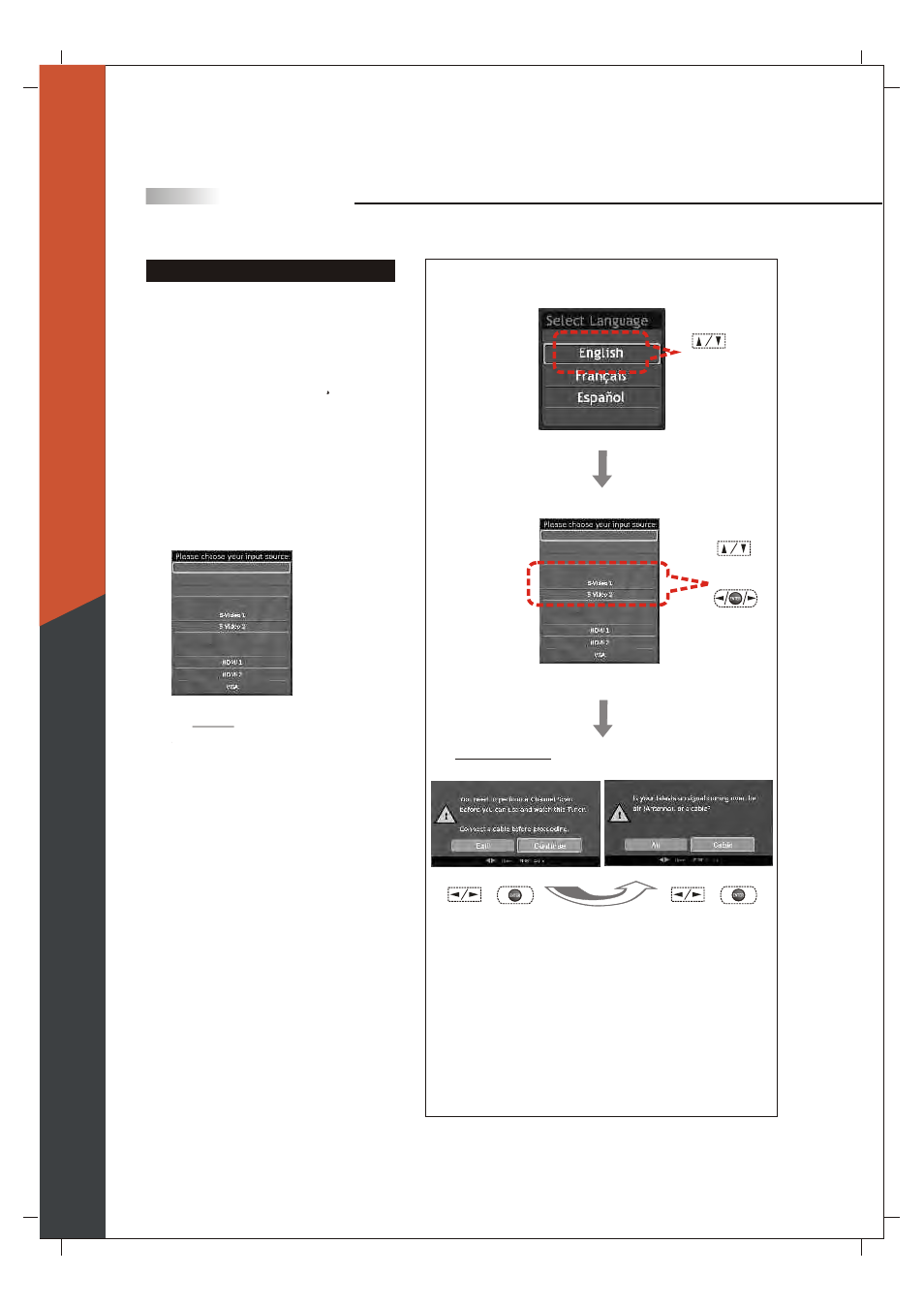 Initial screen, English, 1 tuner source | Selecting the osd language, Selecting input source | Olevia 265T FHD User Manual | Page 35 / 75