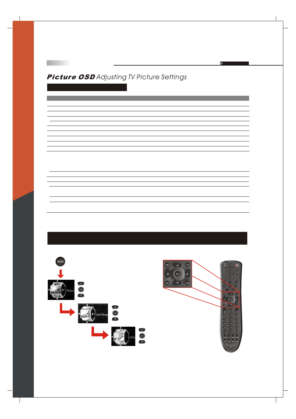 Picture osd adjusting tv picture settings, Description of settings | Olevia 265T FHD User Manual | Page 37 / 75