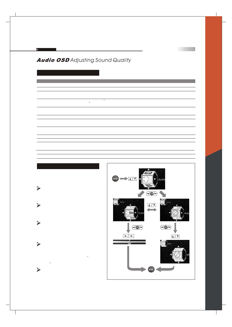 Audio osd adjusting sound quality, Description of settings, Adjusting the audio settings | English | Olevia 265T FHD User Manual | Page 42 / 75