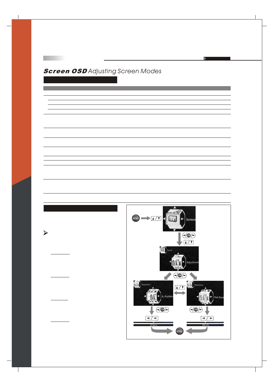 Screen osd adjusting screen modes, Description of settings, Changing the screen mode | English | Olevia 265T FHD User Manual | Page 45 / 75