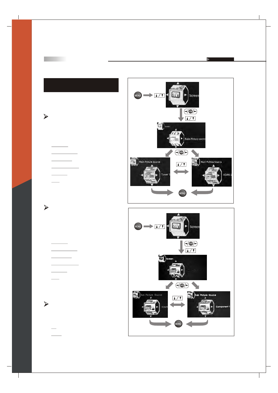 Selecting the picture or video source, English, Sub picture source pc/video | Main picture source | Olevia 265T FHD User Manual | Page 49 / 75