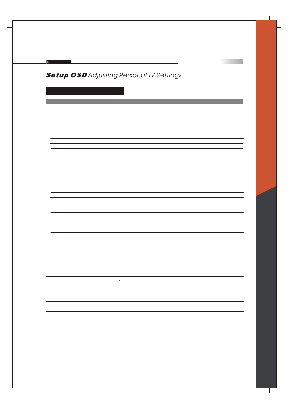 Setup osd adjusting personal tv settings, Description of settings, English | Olevia 265T FHD User Manual | Page 50 / 75