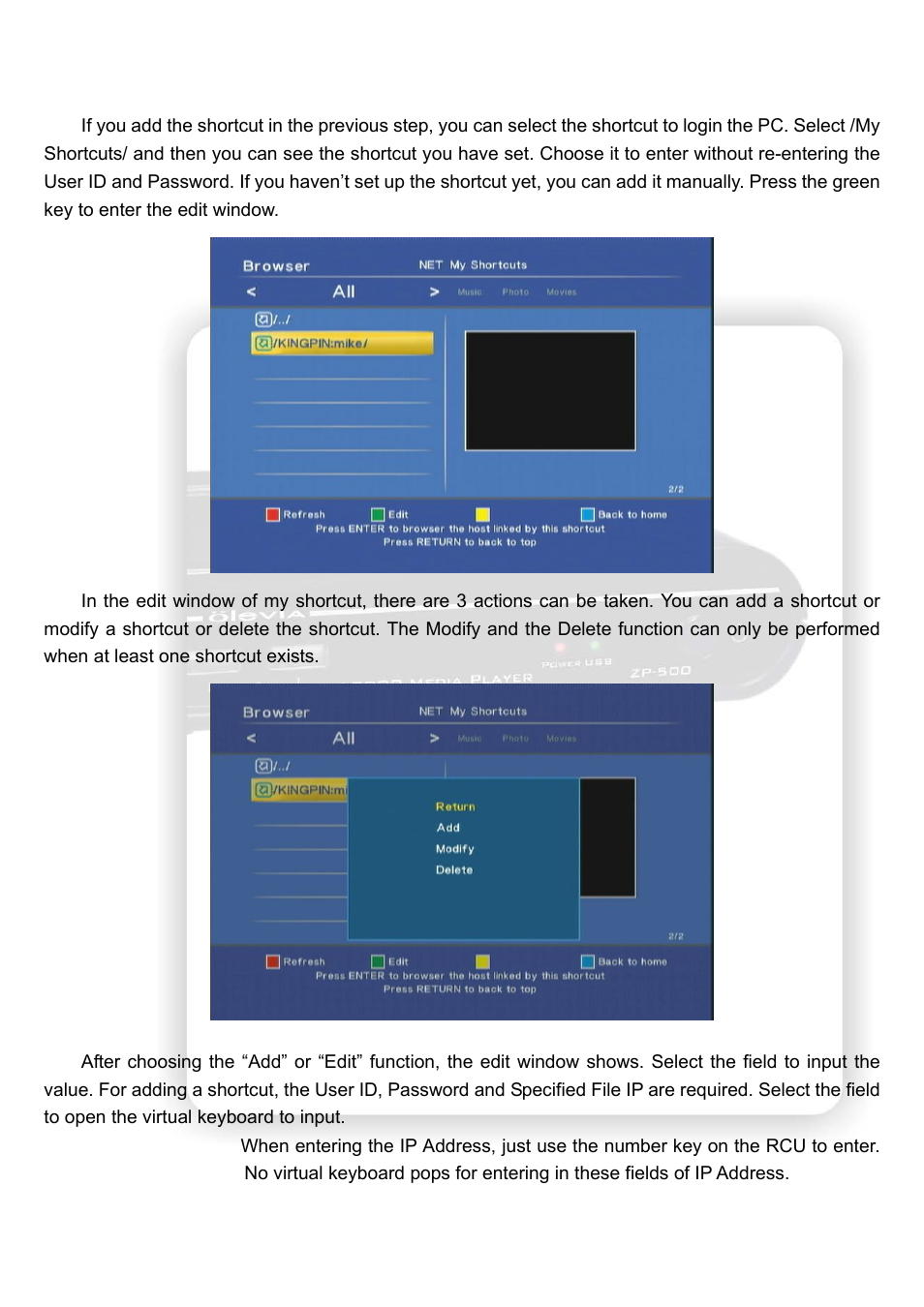 My shortcuts | Olevia HD Multimedia Player ZP-500 User Manual | Page 34 / 47