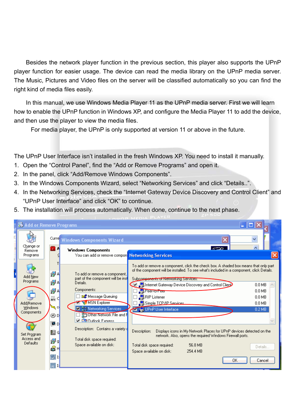Upnp player, The setup for windows xp | Olevia HD Multimedia Player ZP-500 User Manual | Page 36 / 47