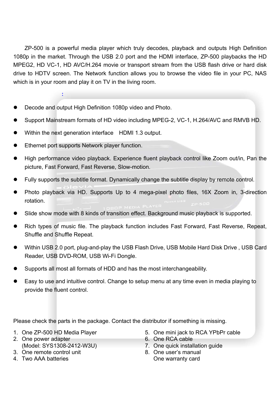 Introduction, Package contents | Olevia HD Multimedia Player ZP-500 User Manual | Page 4 / 47