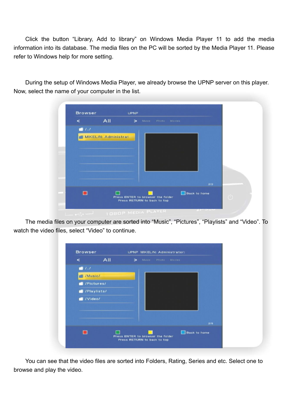 Import the media files on windows media player 11, Browse through upnp | Olevia HD Multimedia Player ZP-500 User Manual | Page 40 / 47