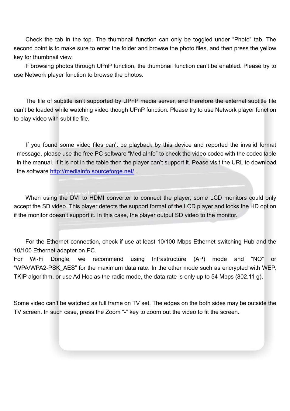 Can’t use thumbnail function, Can’t see subtitle through upnp playback, Can’t playback the video | Connect dvi to hdmi converter, Smooth playback through ethernet/wireless lan, Tv overscan issue | Olevia HD Multimedia Player ZP-500 User Manual | Page 42 / 47
