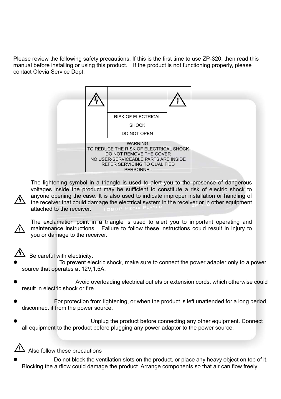 Important safety instruction | Olevia HD Multimedia Player ZP-500 User Manual | Page 46 / 47