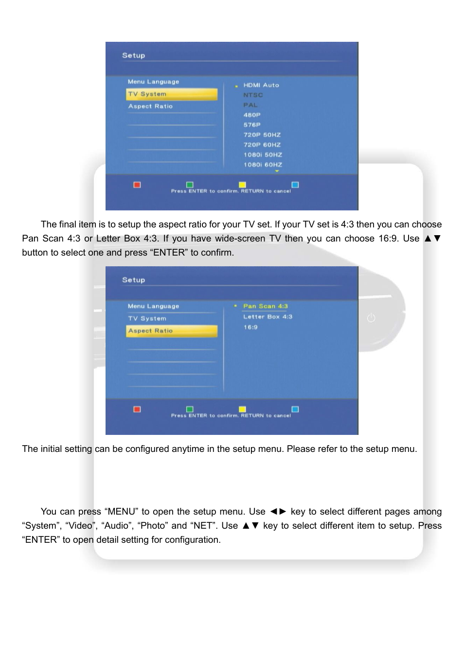Setup menu | Olevia HD Multimedia Player ZP-500 User Manual | Page 9 / 47