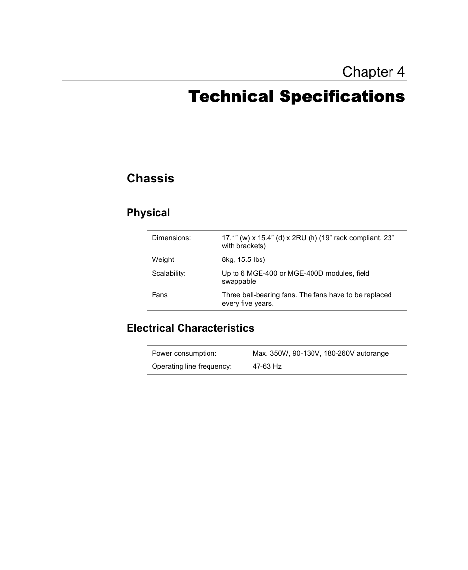 Technical specifications, Chassis, Physical | Electrical characteristics, Chapter 4 | Optibase MGW 2400 WMT User Manual | Page 107 / 156