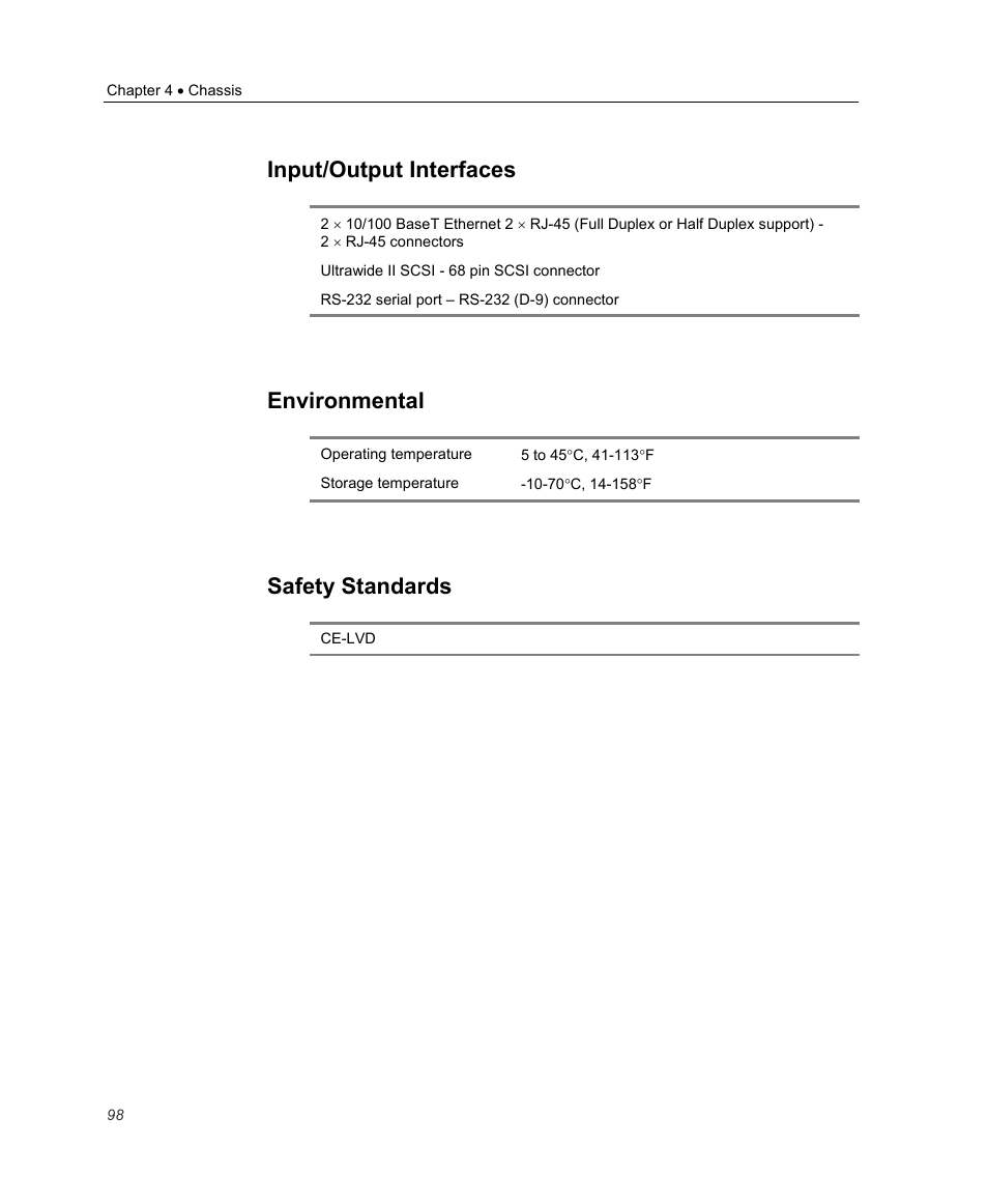 Input/output interfaces, Environmental, Safety standards | Optibase MGW 2400 WMT User Manual | Page 108 / 156